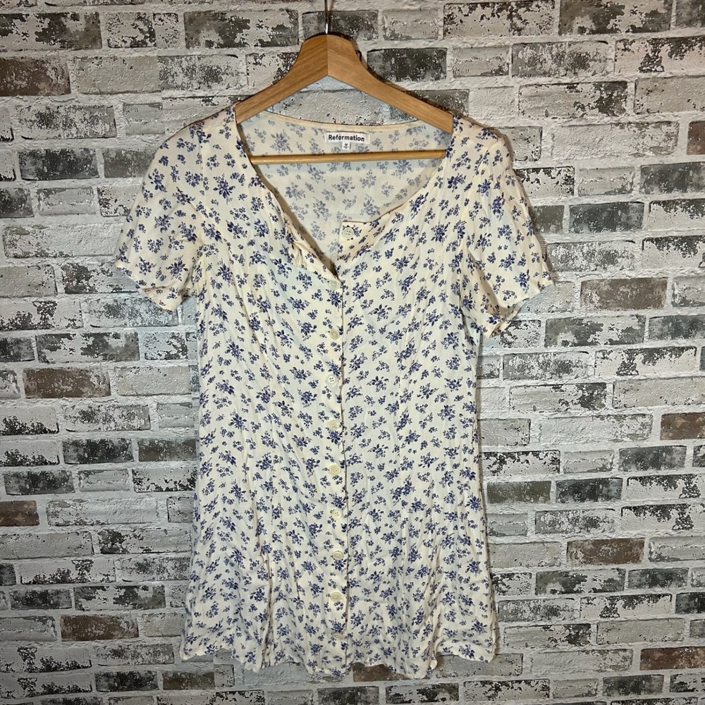 Reformation Blue Floral Button Front Mini Dress Cream Short Sleeve Medium